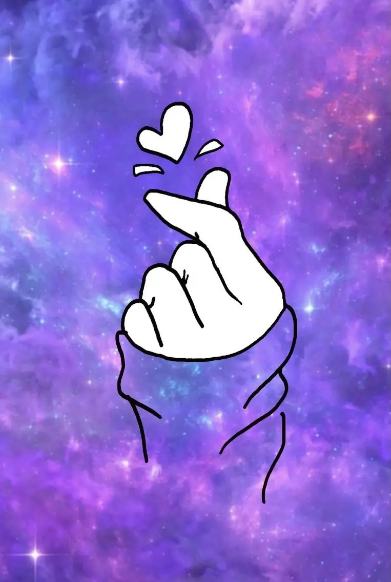 Purple background with a wreath of finger hearts or two fingers in the shape of a heart