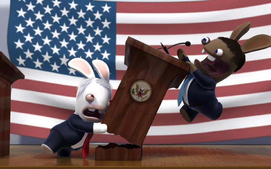 Interesting picture of black and white rabbit behind the tribune of the United States