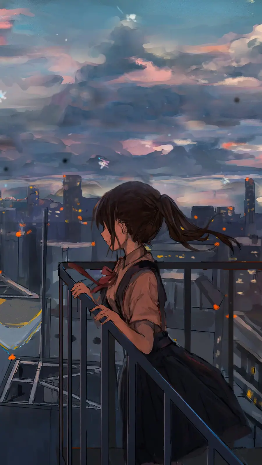 The most beautiful background of a cute anime girl watching the city for your phone