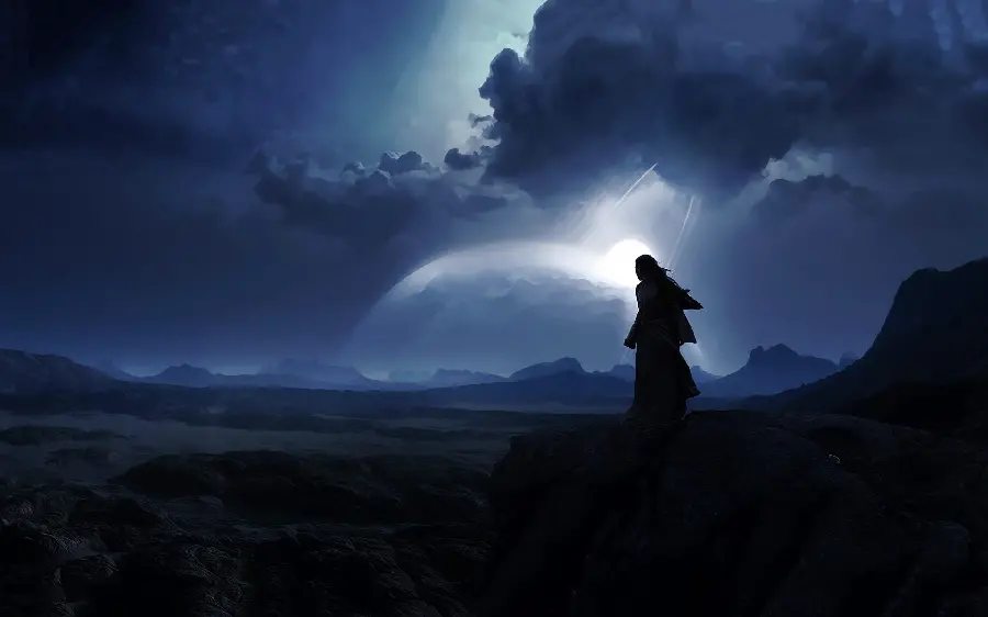 HD view of a lonely man under a beautiful blue fantasy sky