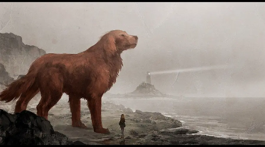 New painting A large, affectionate dog next to a little girl