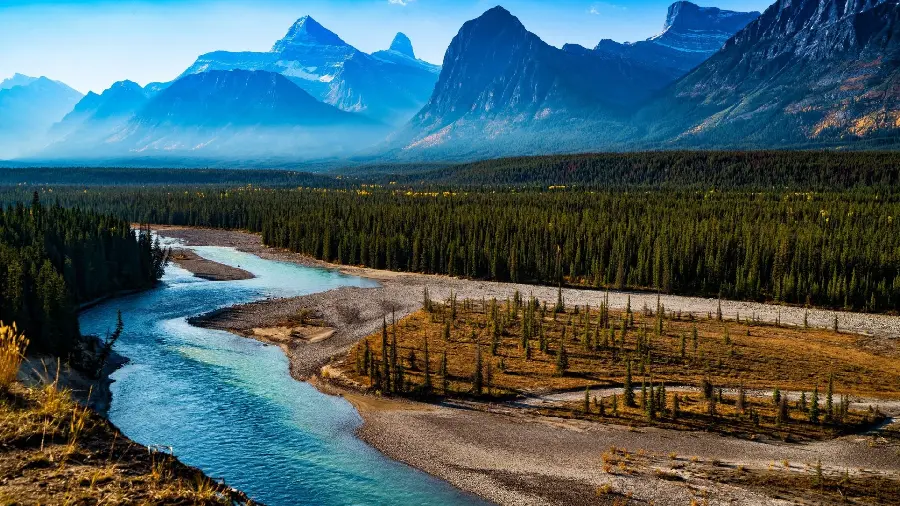 Amazing photo of a river and a blue sky with high mountains 