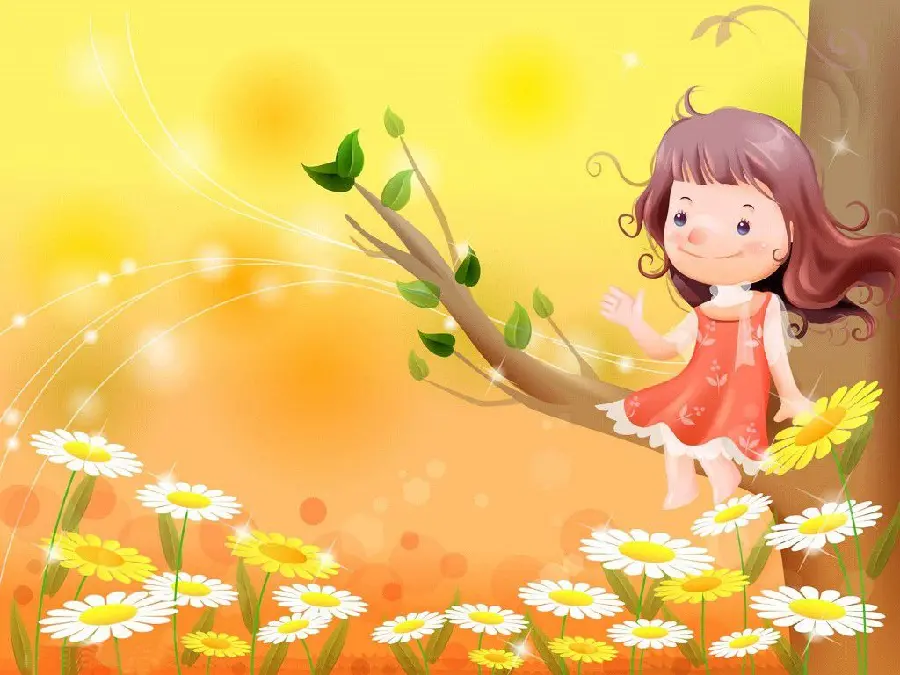 Little girl Gogoli wallpaper and yellow and white spring flowers