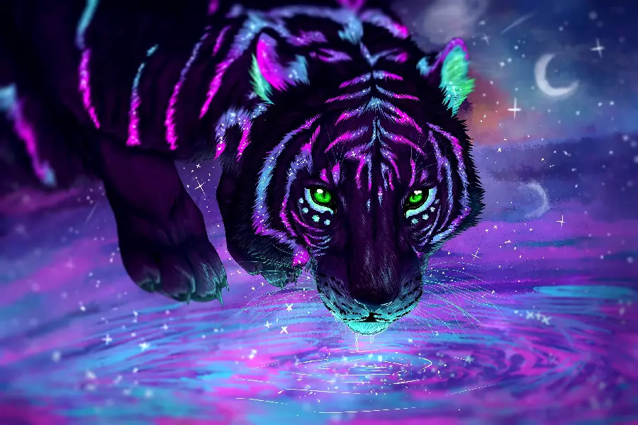 Cool neon photoTiger Flower Drinking Water with Shiny Purple Theme 4K