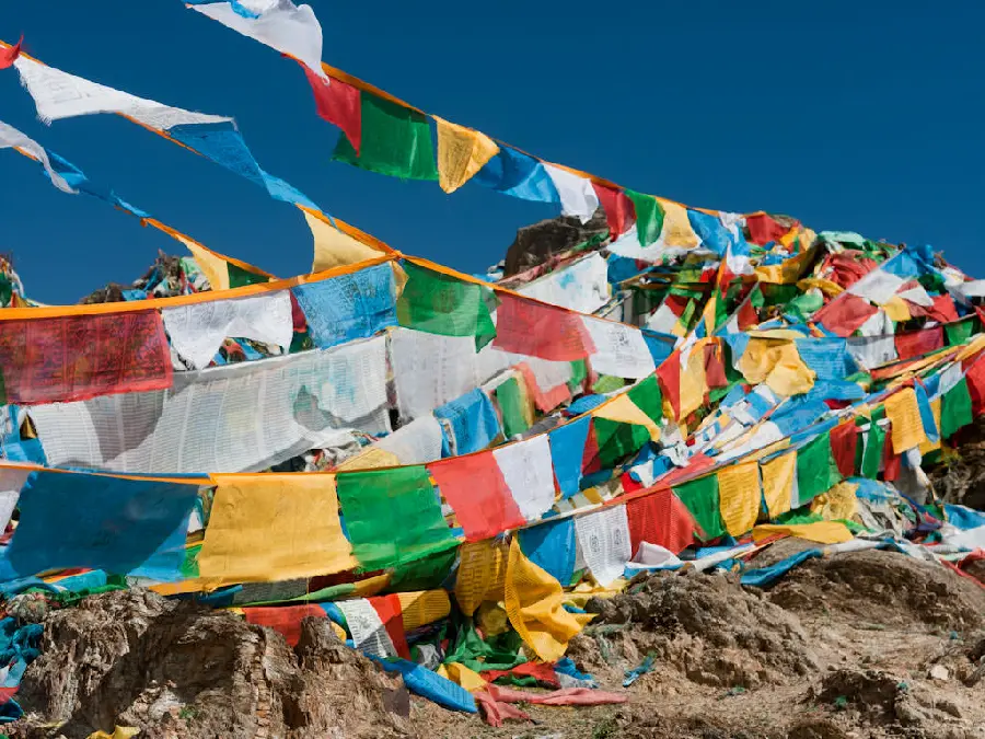Image of colorful fabric decorations in interesting temples in Tibet
