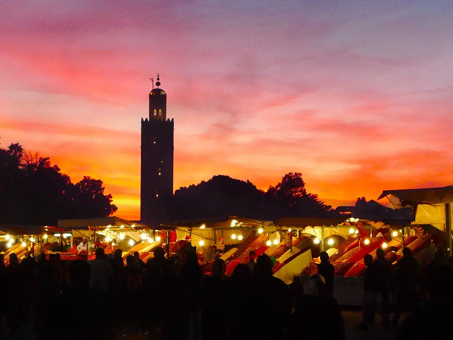 Lovely profile of the market under the mosque of the inscription in Morocco