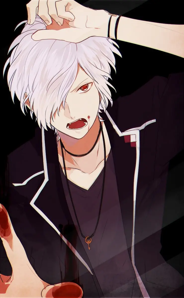 Photo of an anime vampire boy with white hair and attractive