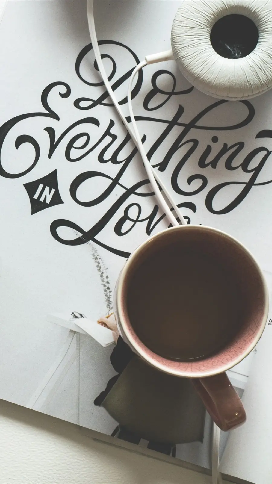 Stylish girly and boyish background with coffee cup design from above