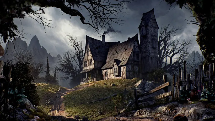 Fantasy background of a scary house in the heart of the forest in 4k quality