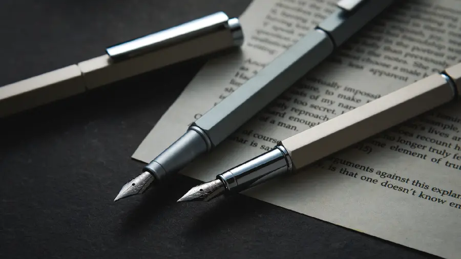 Dreamy pen and paper background for writers laptop