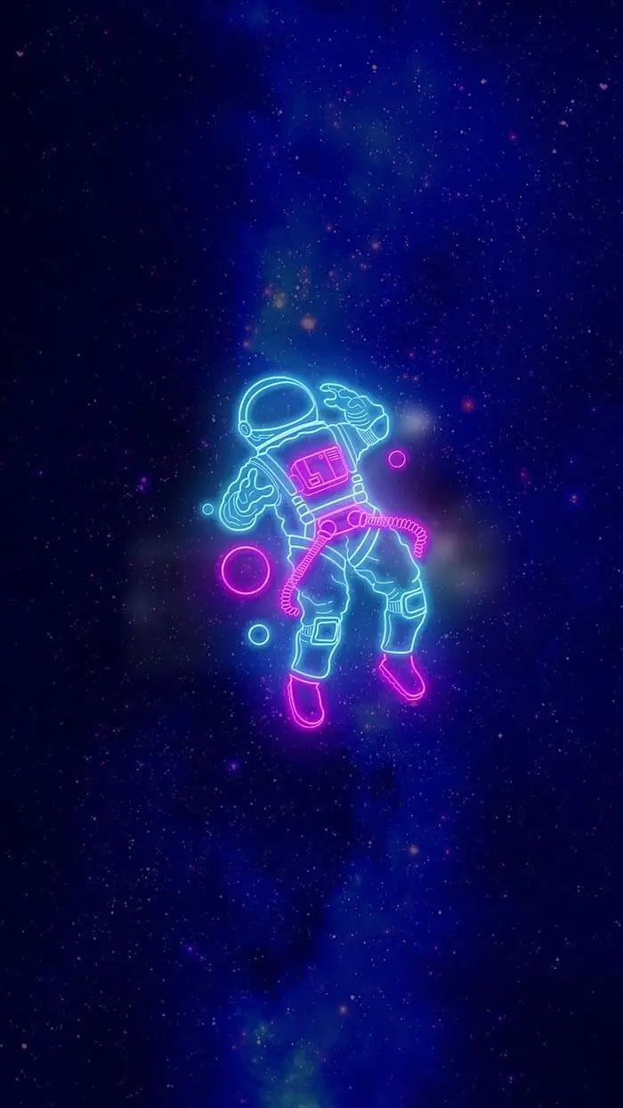 Neon wallpaper of an astronaut floating in space with a blue and pink theme