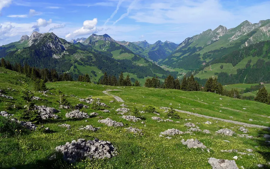Beautiful green nature stock photo and high mountains for printing