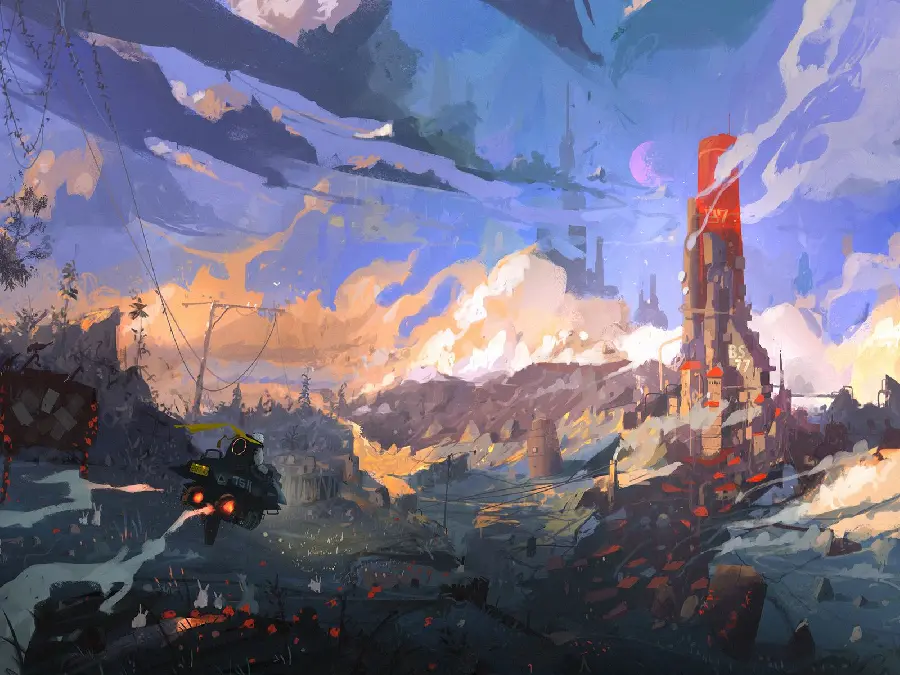Digital Painting of a Strange City with a Super Beautiful Color Theme 