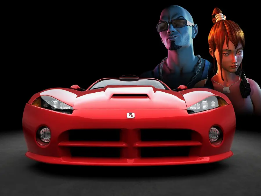 Interesting and beautiful wallpaper of a red car with a man and a woman next to it