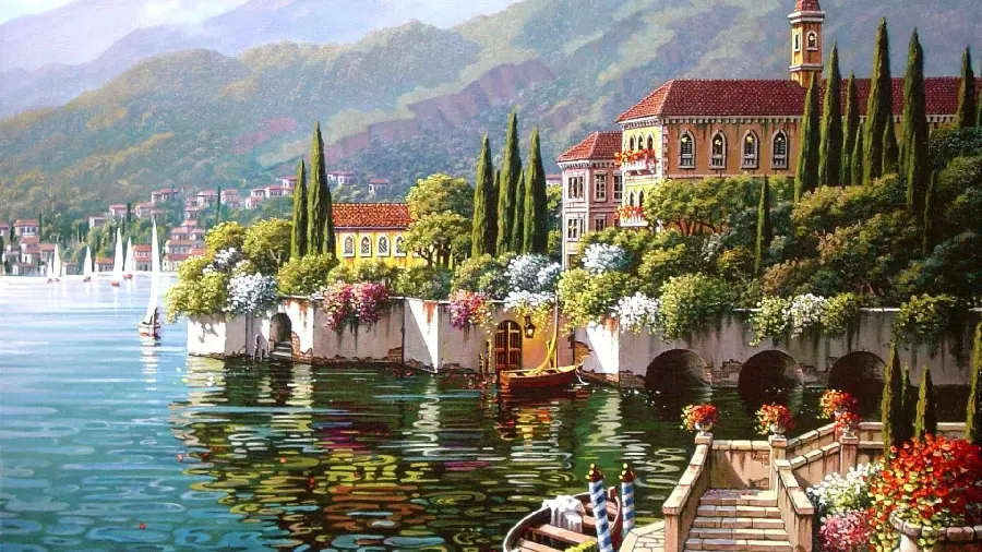 Amazing and beautiful background of a beautiful house by the water with colorful flowers