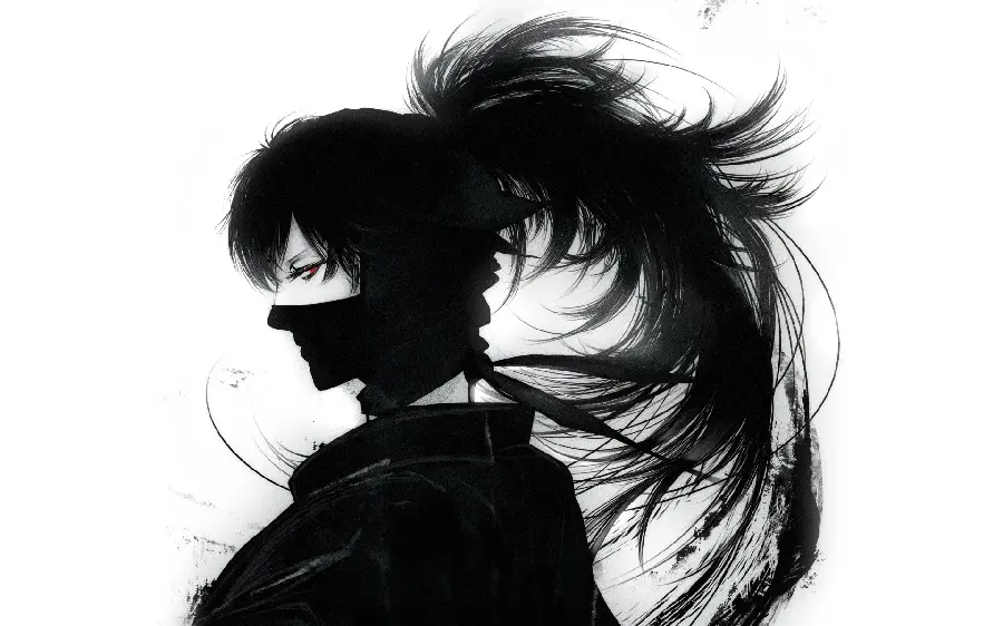 Drawing of a profile of an anime boy in black with long hair
