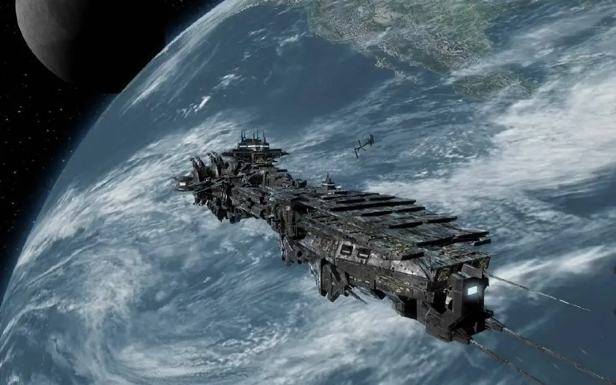 Science fiction background photo of a giant metal spaceship