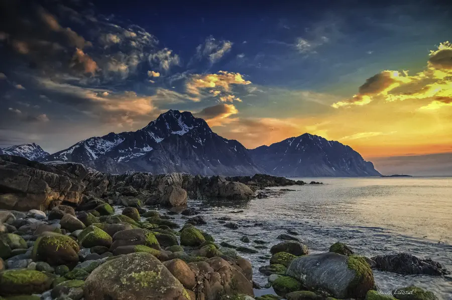 The amazing view of the yellow glow of the sun in Scandinavia	