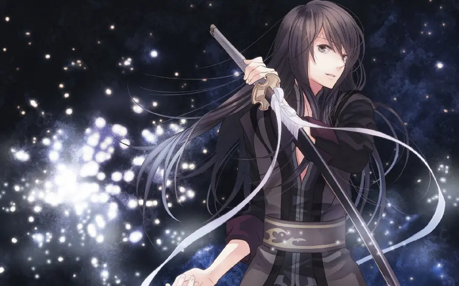 Image of an anime boy with long black hair with a samurai sword