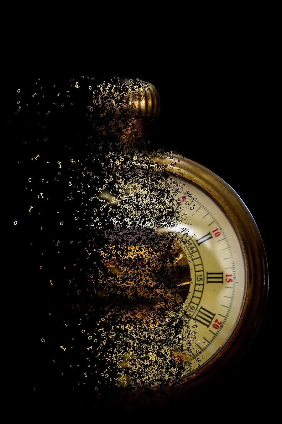 Graphic Image of Antique Clock Collapsed with Plain Black Background
