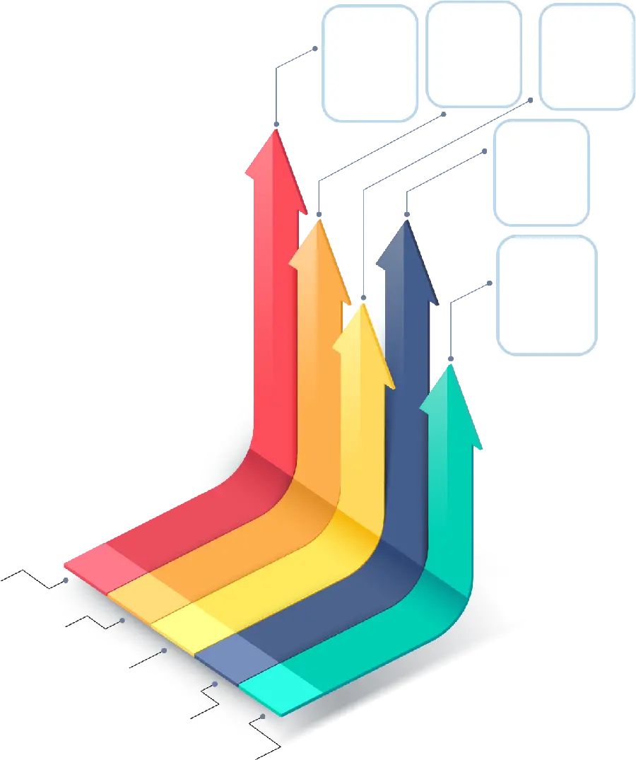 A 3D image of five colored upward arrows suitable for graphic designers