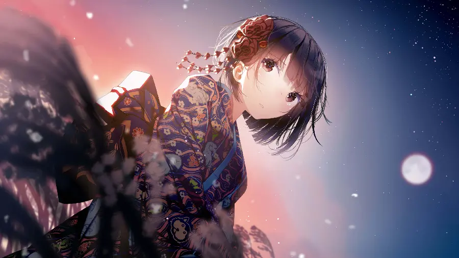 8K wallpaper of a googly anime girl in a traditional Japanese dress or kimono