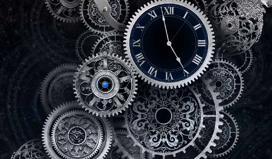 Download Stylish Gear Clock Wallpaper with Black Theme 2023