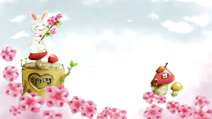 8k background of a white rabbit among pink spring blossoms