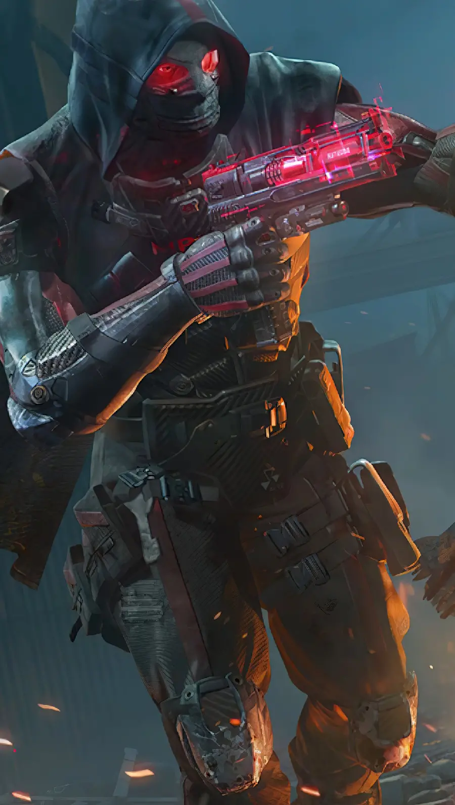Amazing view of a warrior with a red gun in the game Call of Duty