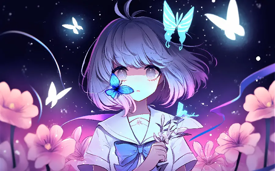 Download Wallpaper of a Cute Beautiful Anime Girl with Beautiful Luminous Butterflies