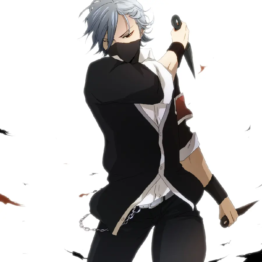 Photo of an attractive anime warrior boy with a black mask and white hair