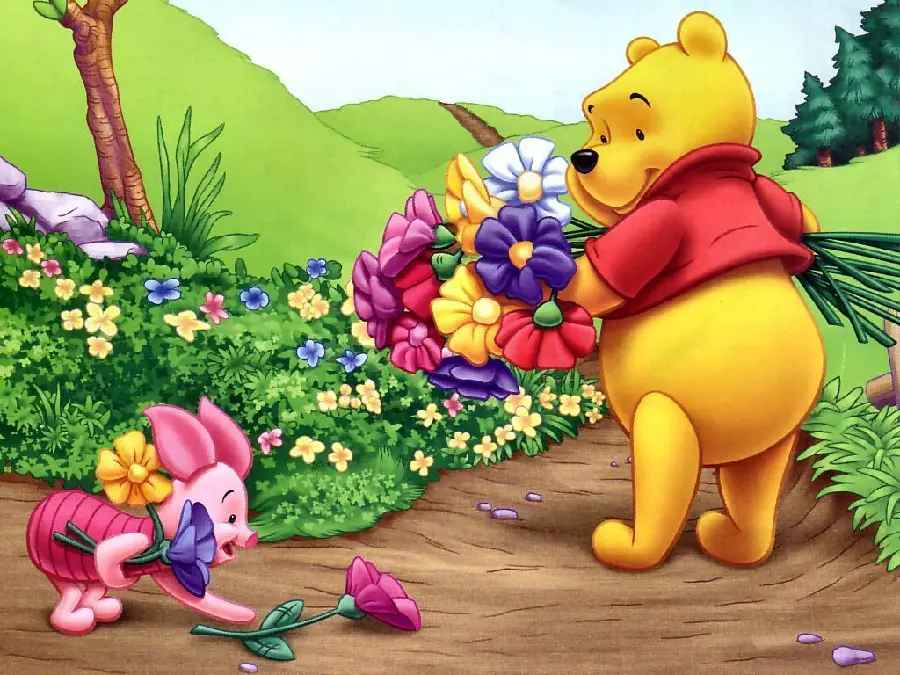 The most beautiful cartoon background hd Pooh bear in spring full of flowers