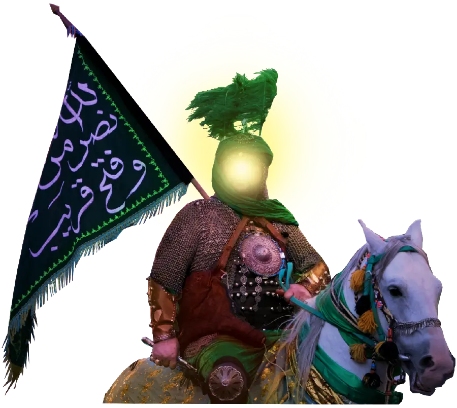 A spectacular png photo of Imam Ali on a horse with the flag of victory from Allah