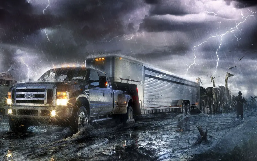 Picture of forest animals behind a truck moving in a storm