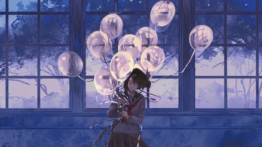 Purple drawing of a sad cute anime girl with a transparent white balloon for a template