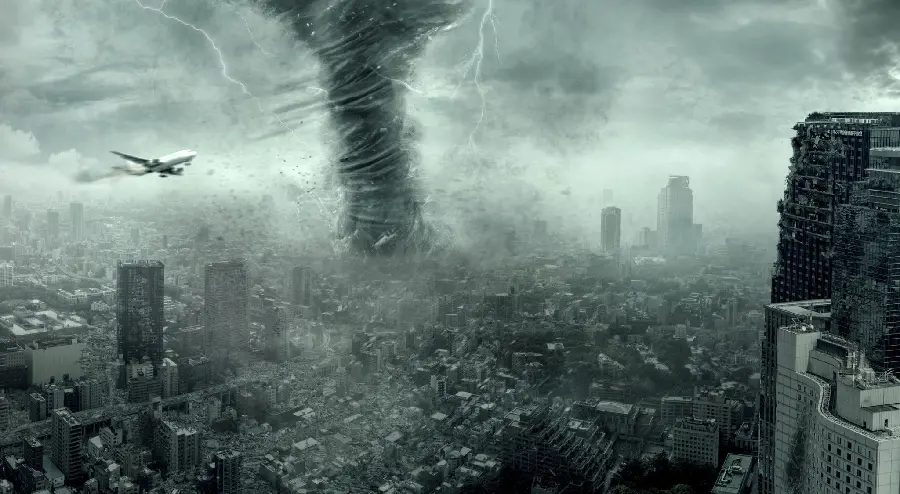 Image of a plane flying near a tornado in the sky 1402