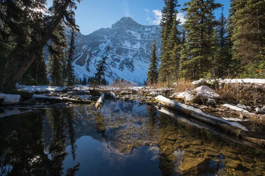 Photo of a cold, clear lake on the slopes of a snowy mountain for poster printing