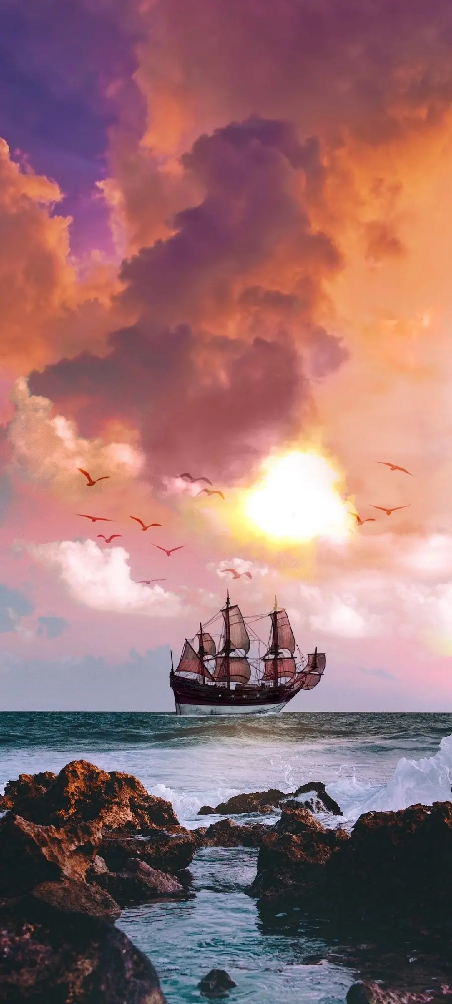 Amazing Wallpaper of a Yacht on the Sea Under a Dreamy Sunset Sky