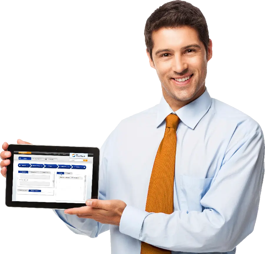 Photo of a man holding a tablet without a background for editing an advertising poster
