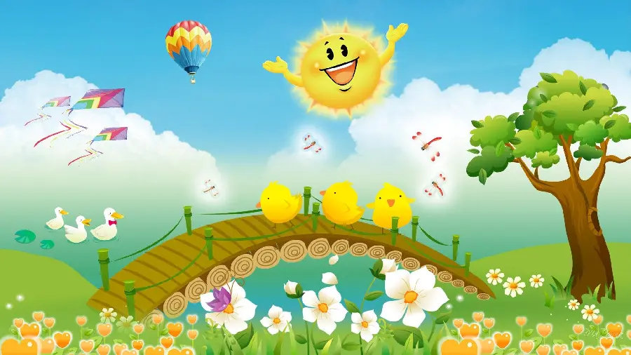 Spring cheerful cartoon picture with flower duckling sun