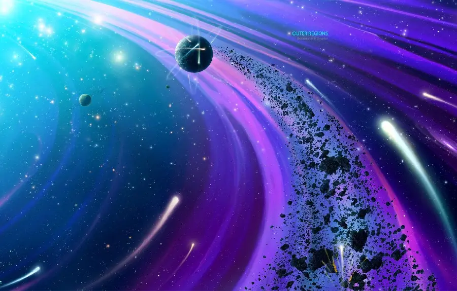 Image of asteroid belt meteorites with a luminous purple theme