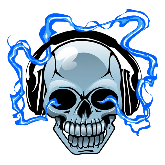 The Latest PNG Human Skull with Headphones and blue waves