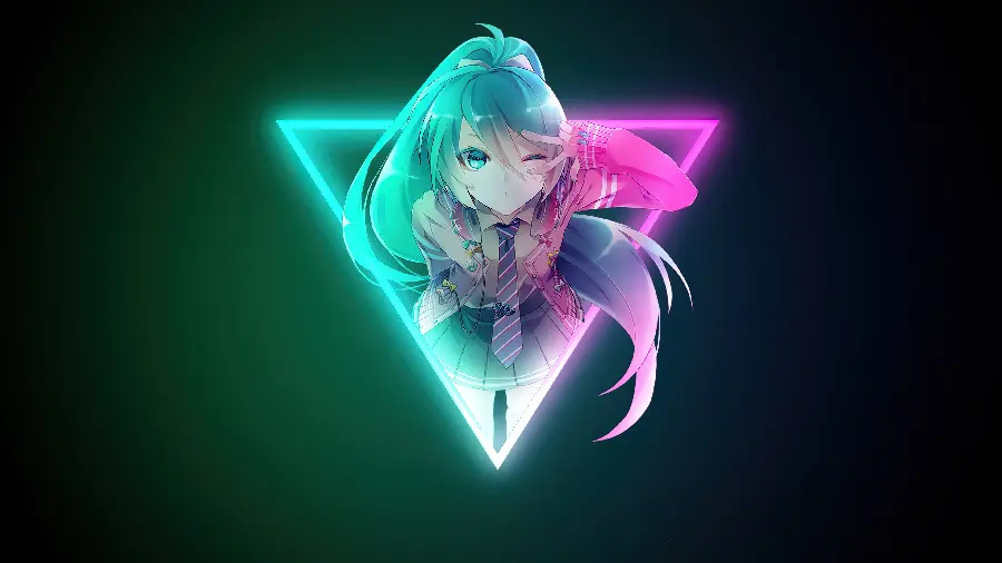 Naughty anime girl photo in school uniform in colorful neon triangle
