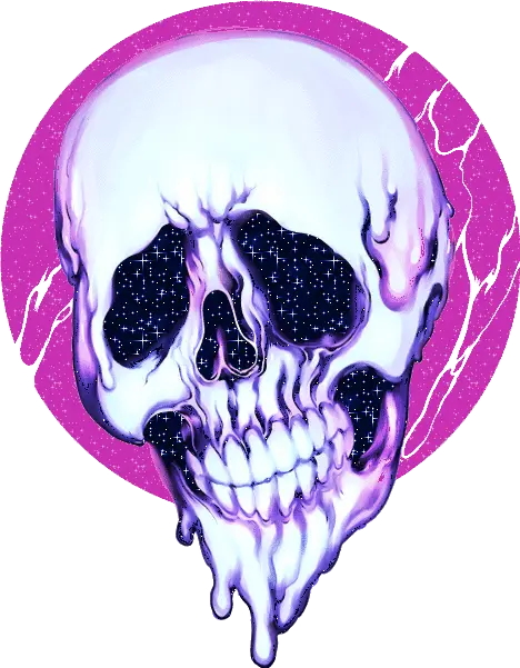 Drawing of a smiling skull with a pink background next to the galaxy