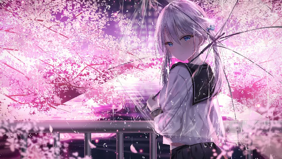 The most beautiful picture of an anime girl with an umbrella next to pink blossoms