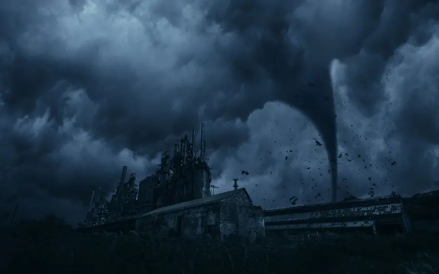 A terrifying and scary picture of a tornado in the dark night sky
