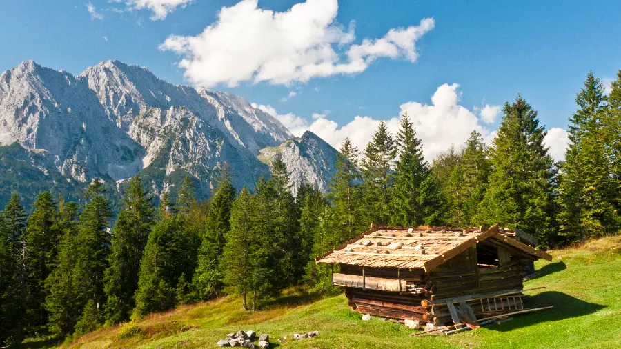 Background of a cozy wooden hut in the lush nature of the heights in spectacular hd quality