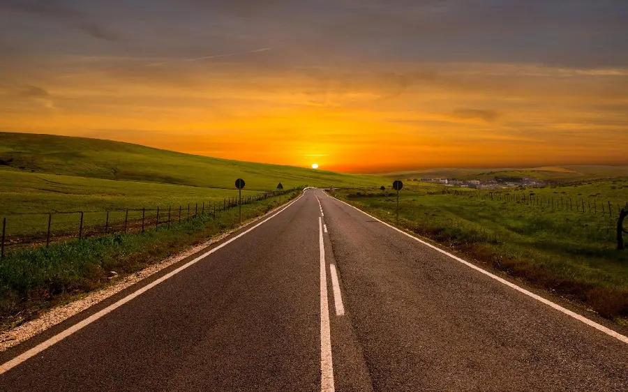 Road photo in nature and sunset