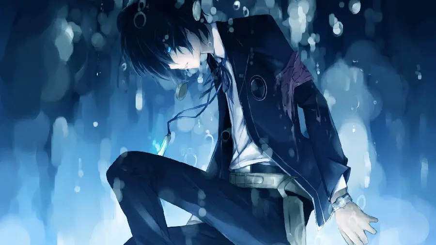 Blue sad anime boy background for laptop