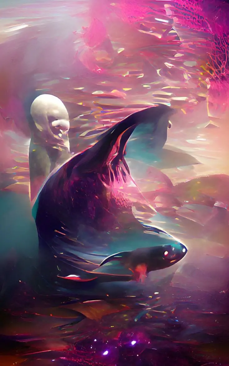 Artificial Intelligence masterpiece photo of mysterious and beautiful fish in amazing pink sea 